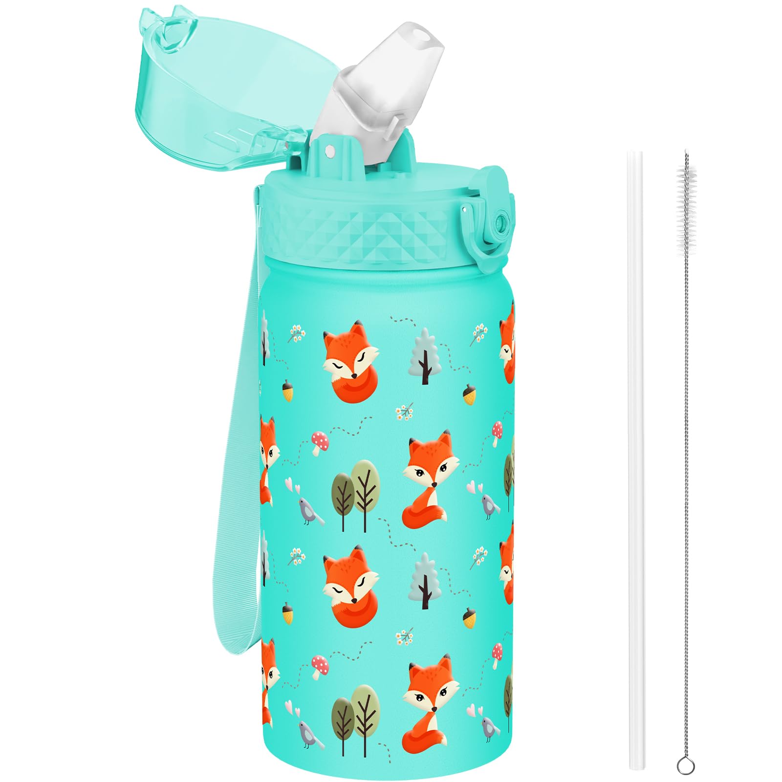GOPPUS 420ml/14oz Kids Insulated Water Bottle with Straw Cute Double Wall Stainless Steel Child's Small Flask Vacuum Insulated Steel Metal Leak Proof Drink Flask Boys Toddler Girls Bottles BPA-Free