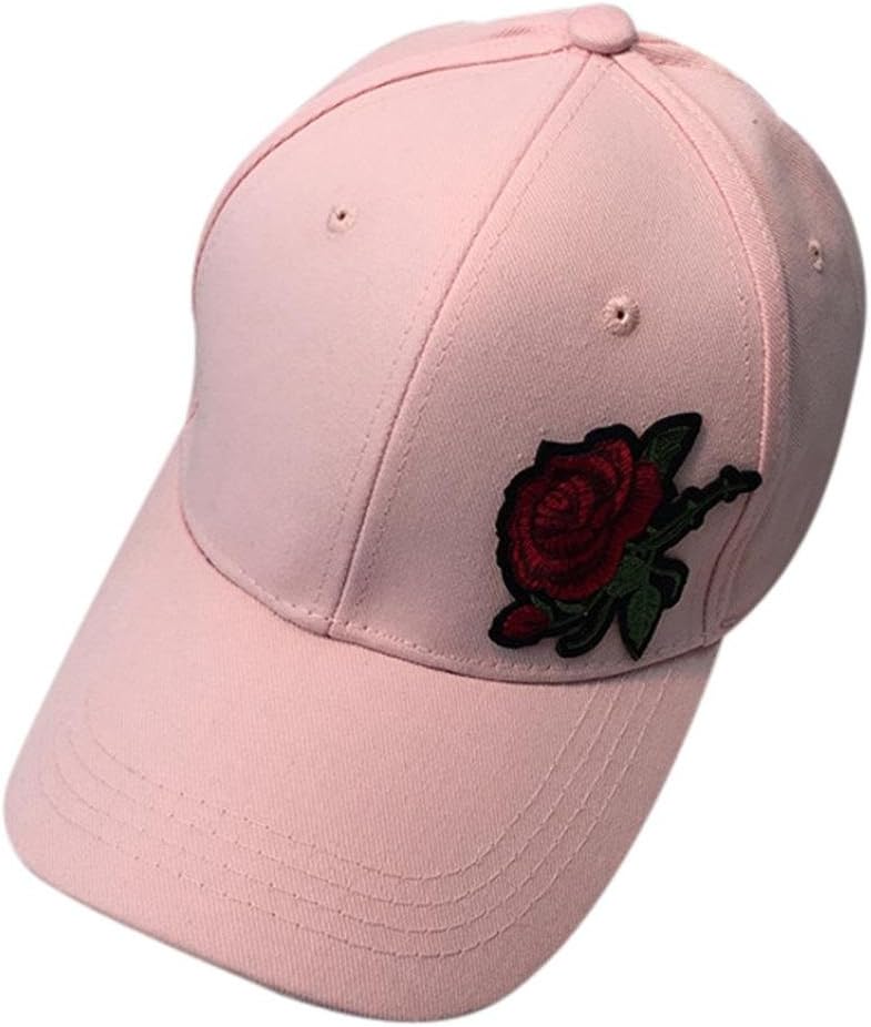 Flat Hat, SMesoon Women Men Rose Embroidery Baseball Cap 6 Panel Adjustable Size Cap Hip Hop Sunshade Hat (Pink)