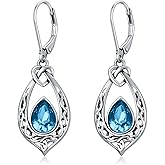 Celtic Knot Dangle Earrings 925 Sterling Silver Oxidized Vintage Drop Leverback Earrings with 8 * 6mm Simulated Birthstone Crystal Christmas Jewelry Gifts for Women (Gift Box)