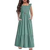HOSIKA Girls Summer Sundress Casual Sleeveless Smocked Aline Flowy Tiered Maxi Boho Beach Dress with Pockets 6-12Y