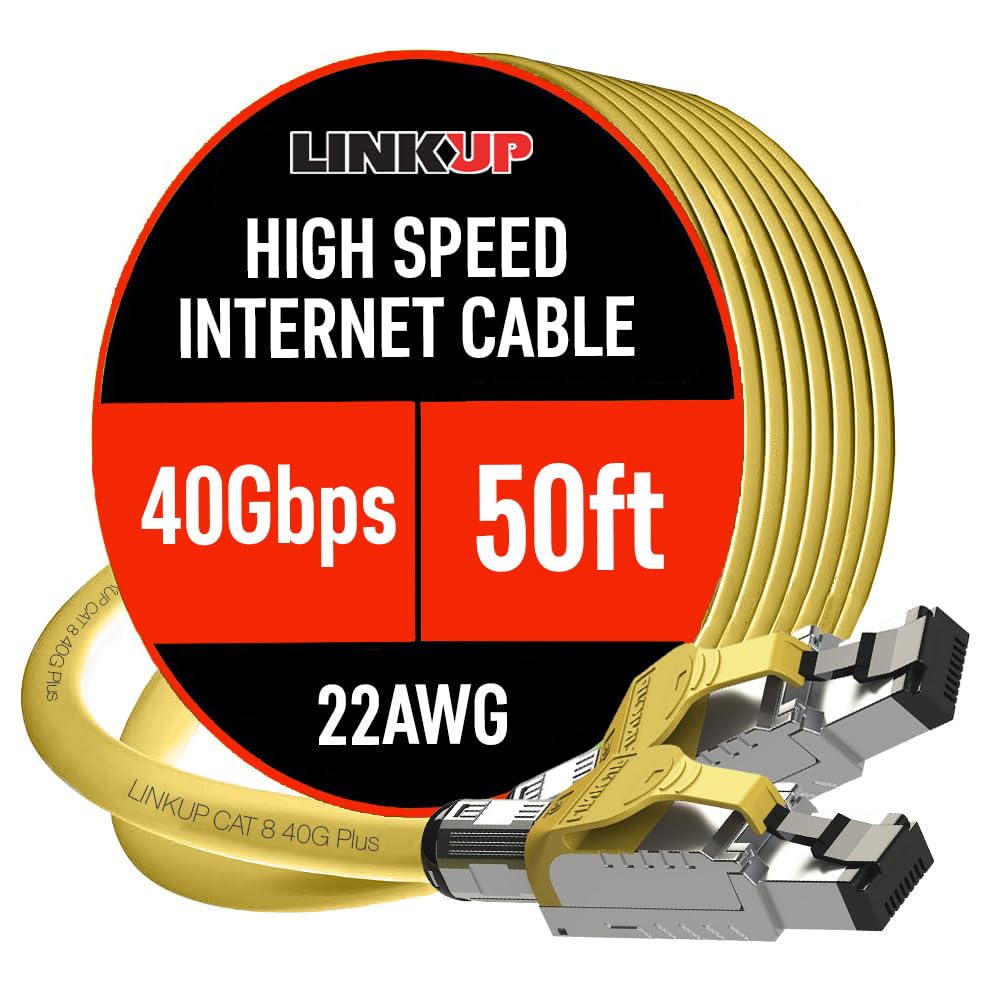 LINKUP - [GHMT & DSX8000 Certified Cat8 Ethernet Patch Cable S/FTP 22AWG Double Shielded Solid Cable | 2000MHz 2GHz 40Gbps | 5th-Gen Ethernet LAN Network 40G Structure Wires |Yellow| 15 M (50ft)