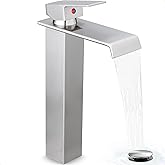 HEYMYTAP Tall Vessel Sink Faucet Brushed Nickel, Brass Waterfall Vessel Faucet, Single Handle Bathroom Faucet Tall Modern Bathroom Faucets for Vessel Sinks with Pop Up Drain and Supply Hoses