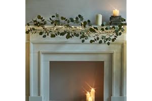 Fudios Lighted Twig Eucalyptus Garland 6FT 96 Warm White LED Battery Operated with Timer for Mantle Fireplace Wedding Party Spring Bedroom Decoration Indoor Outdoor Use
