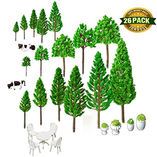 Mixed Model Trees,19 Different Model Trees & 4 Different Flower Bed with 2 Different Cows and 1 Mini Tables and Chairs Model Train Scenery Miniature Landscape Scenery
