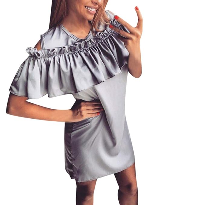 LEXUPE Damen Sexy Undichte Schulter GekräUselte Einfarbig Kleid Frauen-Sommer-Mode-Sommer Weg Von Der Schulter Feste RüSchen 