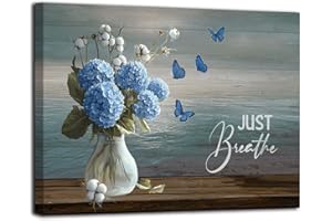 Blue Ocean Flower Canvas Wall Art Bathroom Decor Just Breathe Picture Hydrangea Cotton Floral Wall Decor Butterfly Prints 12x