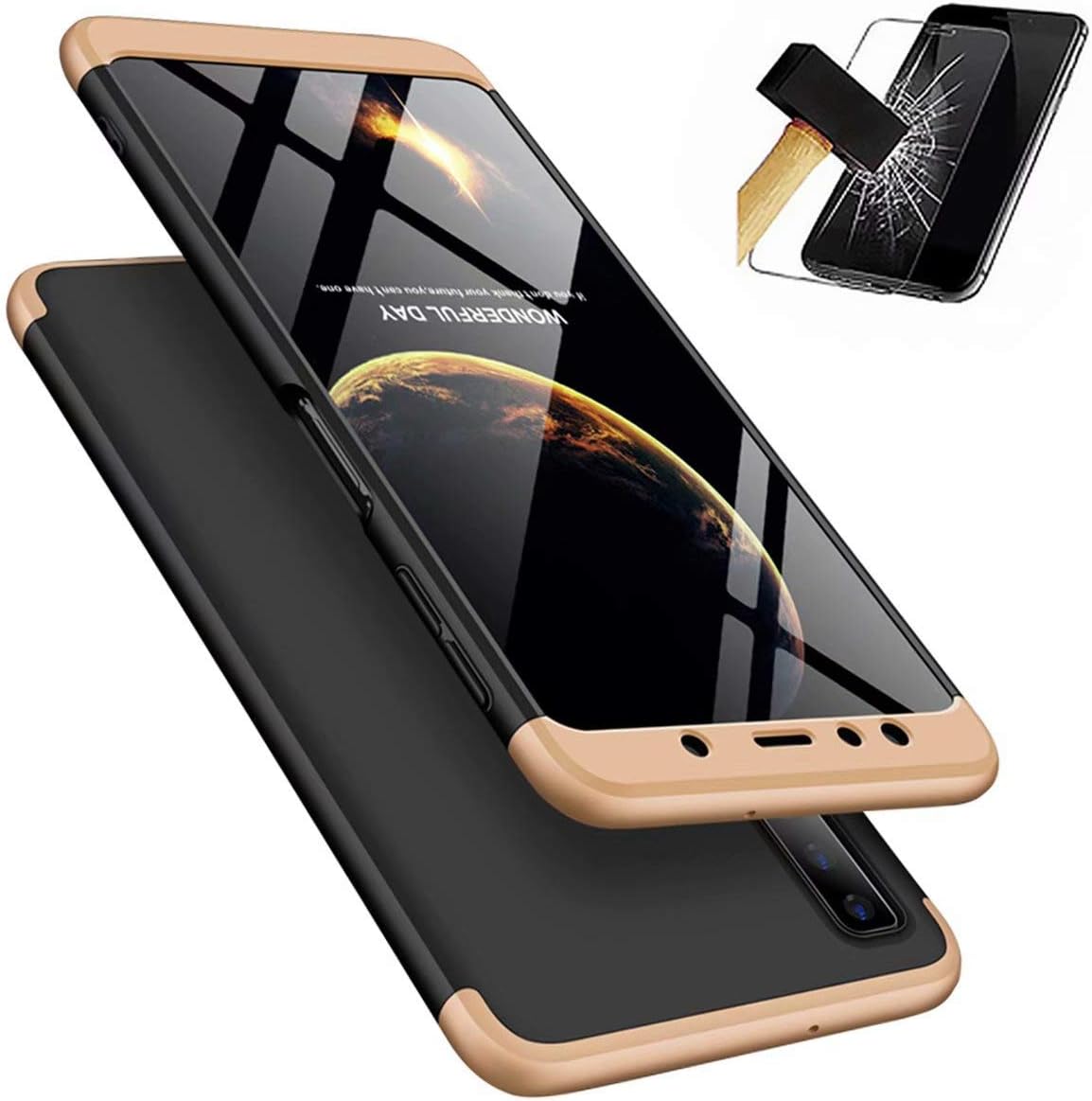 Samsung Galaxy A9 2018 Case Lanpangzi TPU Silicone 3 in 1 Combination Ultra Slim Cover with [Tempered Glass Screen Protector] Scratch-resistant Protective Case - Gold and Black