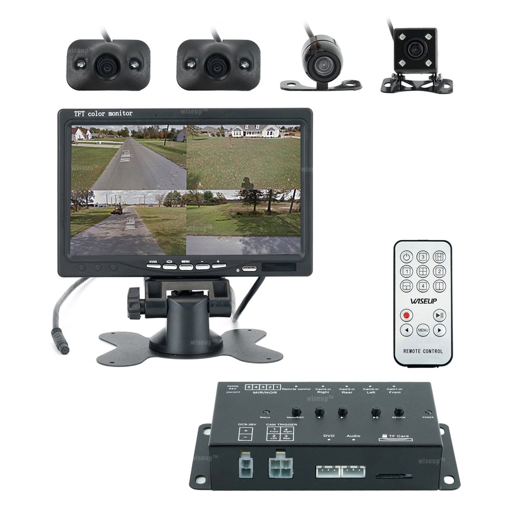 WISEUP Car Vehicle 360 Degree Panoramic View System Dashcam DVR Recorder Surround View Around Camera with 7" LCD Monitor