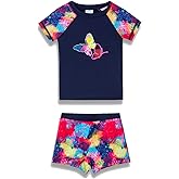 PHIBEE Girls' Short Sleeve Rash Guard Set UPF 50+ Sun Protection Two-Piece Swimwear