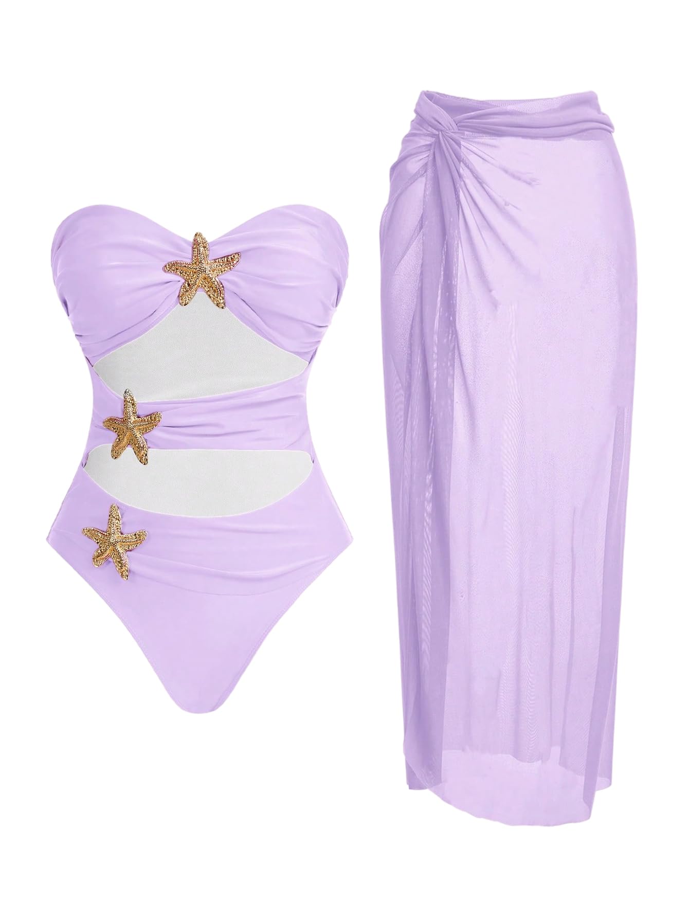Photo 1 of WDIRARA Women's Metallic Starfish Cut Out Strapless Bandeau Swimsuit with Cover Up Skirt 2 Piece Bathing Suit Mauve Purple Medium
