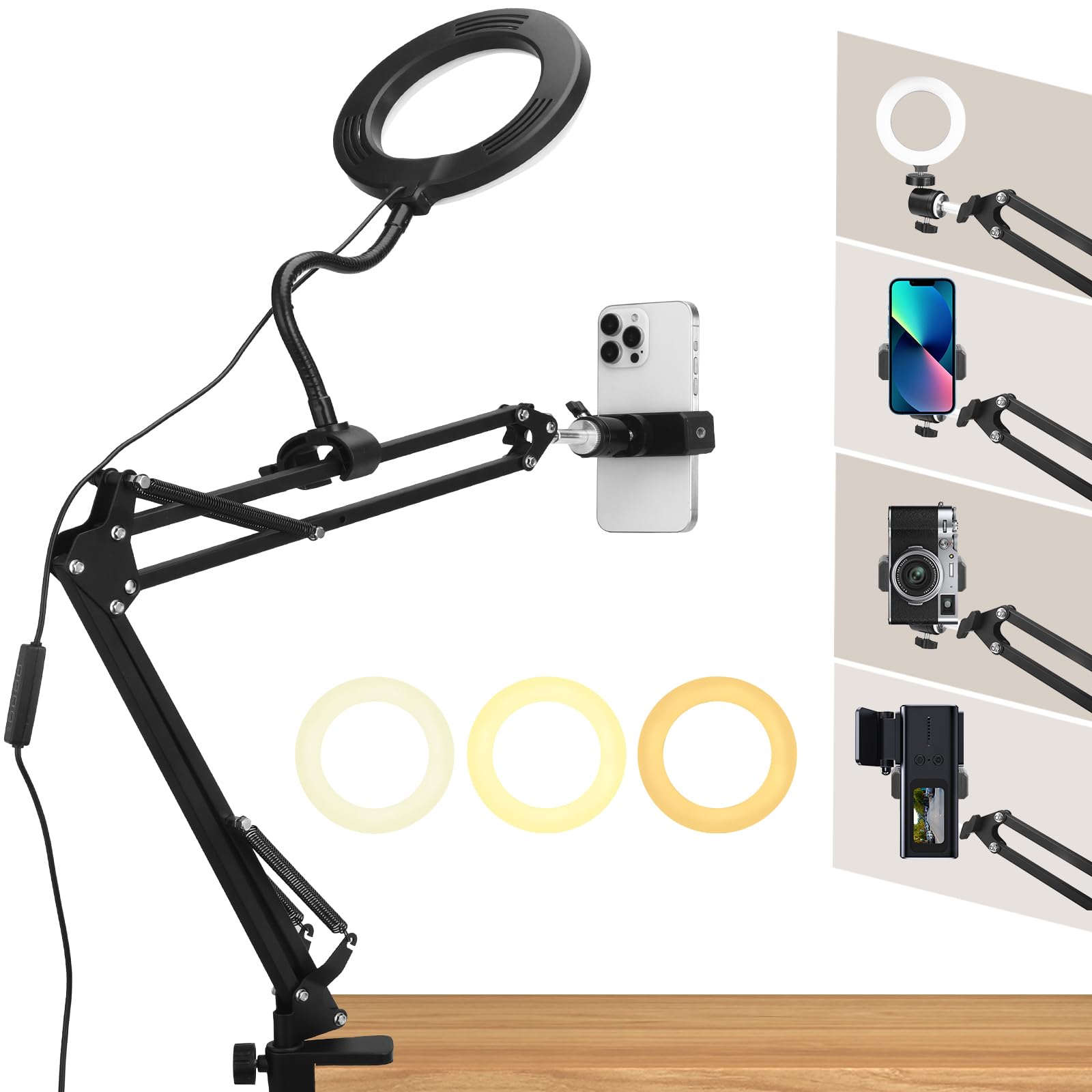 Overhead Tripod with Flexible Articulating Phone Holder, LED Ring Light & Desk Tripod for YouTube Live Stream, Cooking, Nail Video Recording