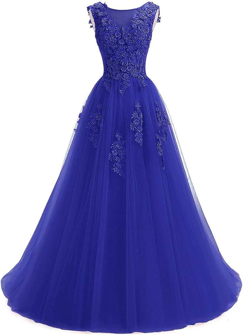 Ever Girl Women's Sweep Lace Appliques Scoop Collar Tulle A-Line Prom Dresses