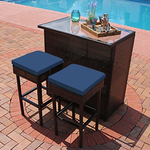 Sunnydaze Melindi 3-Piece Wicker Rattan Outdoor Patio Bar Set with Blue Cushions