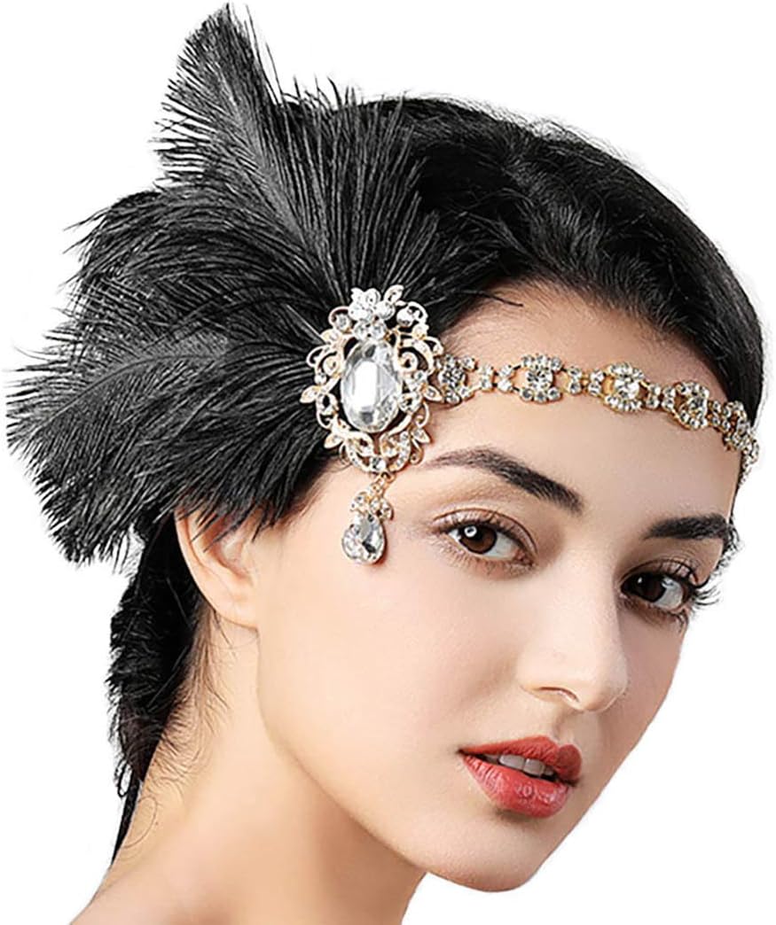 Bohend Vintage 1920's Feather Headpieces Black Flapper Bridal Hair Bands Gatsby Party Headband Gold Flower Rhinestone Pendant Hair Accessories for Women and Girls