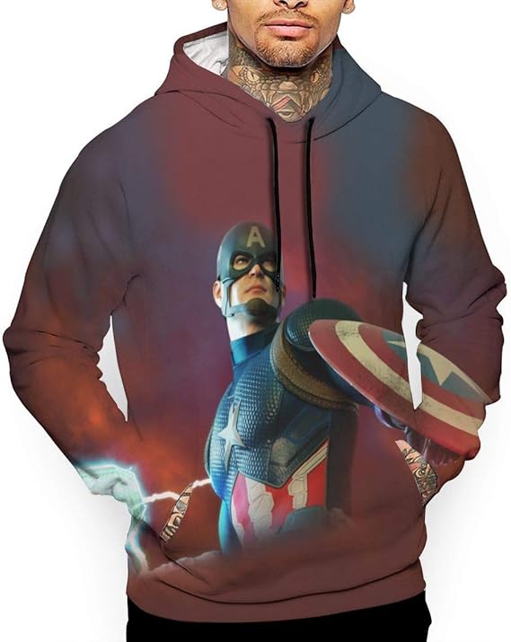Amazon Hongzhizhu 流行 男性着 スウェットシャツ フード付き アベンジャーズ マーベル コミック スーパーヒーロー 映画 キャプテン アメリカ キャラクター イラスト スウェットパーカー ボクシング フィットネス トレーニング フィットネス トレーニング スウェット