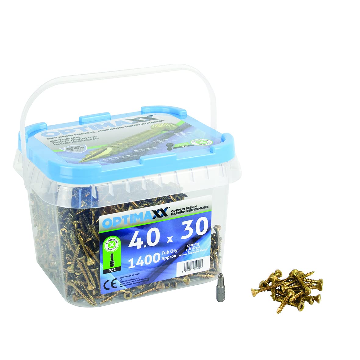 4.0 Optimaxx Extreme Performance Wood Screws 1400PC Maxxtub (4.0x30mm, Zinc Plate & Yellow Passivated, Pozi Wood Screws)