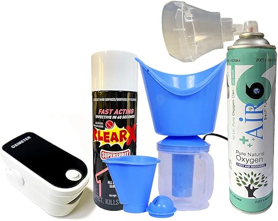 Finger Pulse Oximeter with 10 L Oxygen Can With Thermometer, Steam Inhaler, 5 Pcs N95 Mask, Immunity Pack & Sanitizers Combo