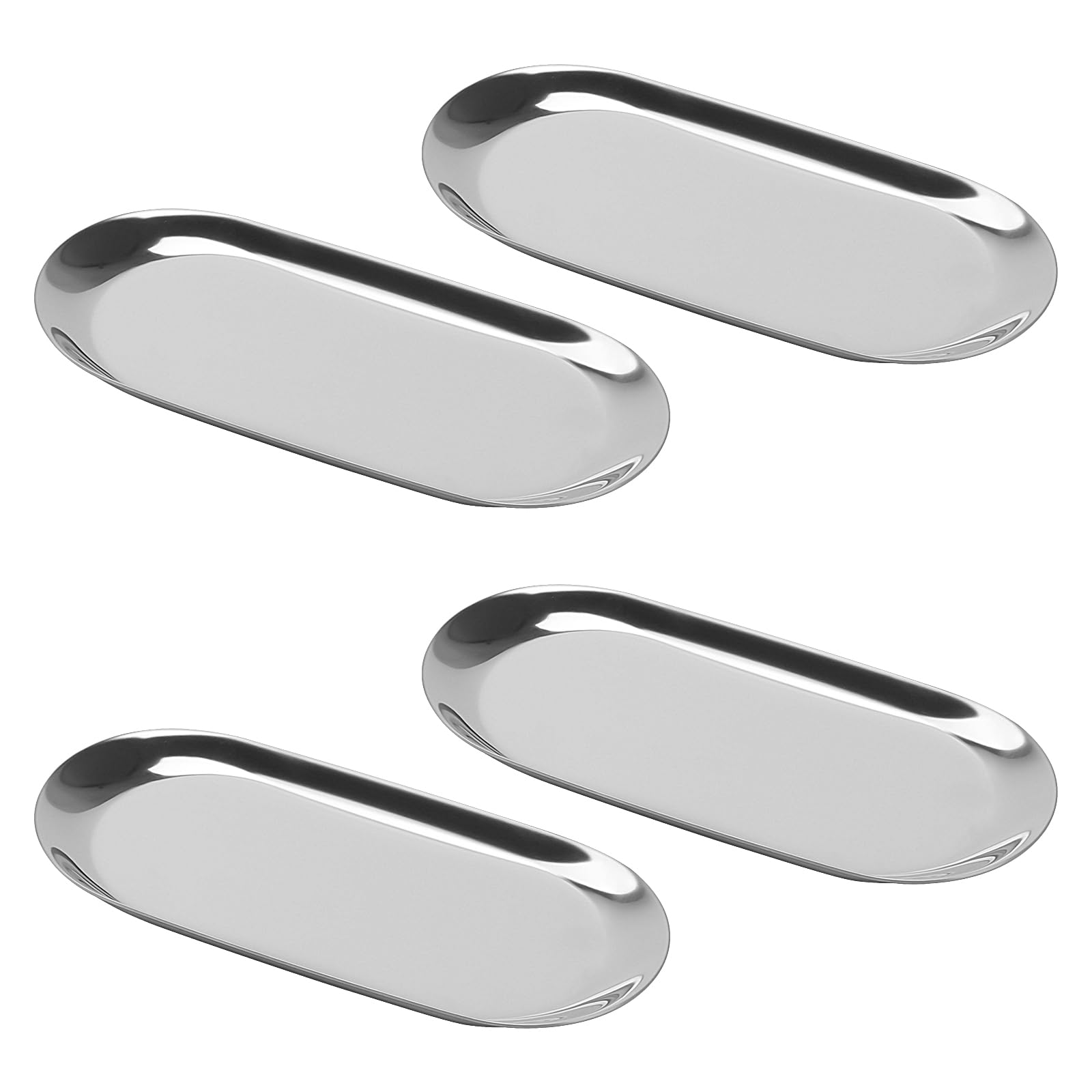 KEILEOHO 4 Pack 7 Inch Silver Oval Stainless Steel Tray, 18 x 8.5cm Oval Storage Plate, Metal Bathroom Trays for Storage