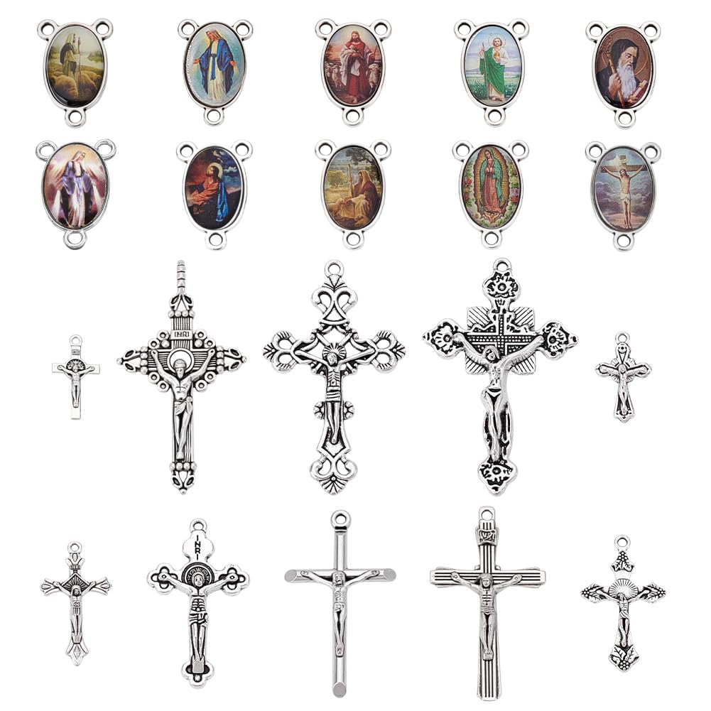 PandaHall Elite 10 Sets (20 Pieces) Rosary Cross and Centre Wonderful Medal with Crucifix Cross Pendant and Oval Picture Left for Rosary Necklace Key Ring