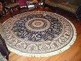 Luxury High End Shiny Silk Area Rugs Persian Silk Tabriz Design Round Shape Rugs 6x6 Circle Navy Rug Silk Traditional Rugs Low Pile Silk Rugs