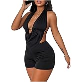 SOLY HUX Women's 2 Piece Outfit Cowl Neck Tie Backless Halter Top and Tight Mini Shorts Party Club Set
