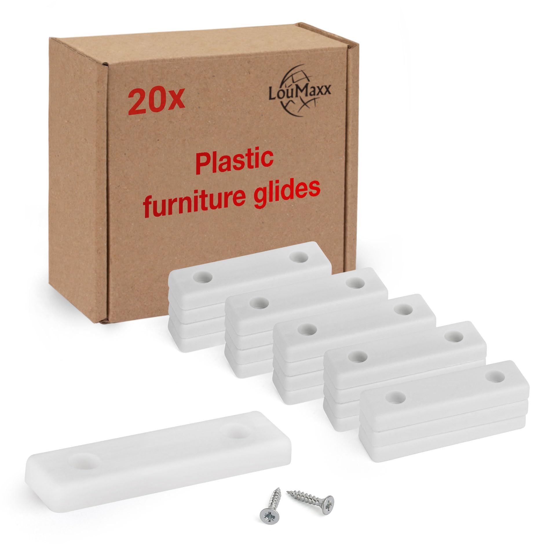 LouMaxx plastic furniture glides in white – set of 20 floor spacers 50 x 14 x 5 mm – suitable for carpet