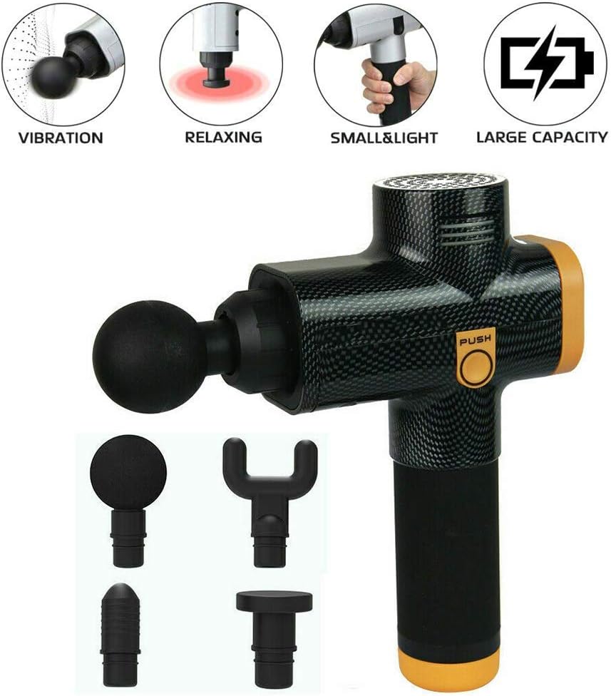 A2 Massage Gun,Muscle Massage Gun Cordless Deep Tissue Percussion Massage Featuring Quiet Glide Technology Muscle Stimulator Massage Gun with 4 Head,Black zghzsc (Color : Blackyellow)