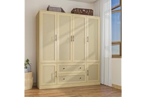 Hitow Ratten Wardrobe Armoire Closet, 6 Door Rattan Closet Wardrobe Cabinet with 2 Drawers & Hanging Rod, Storage Wardrobe Armoire Dresser for Bedroom Organizer (63" W x 19.7" D x 70.9" H)