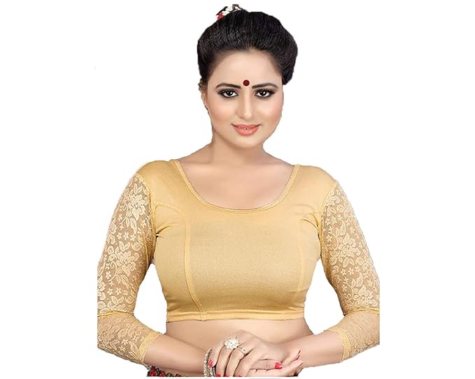 Saree Blouse for Women Readymade Stretchable Stretch Gold 3/4th Lace Sleeves One Size Designer Party
