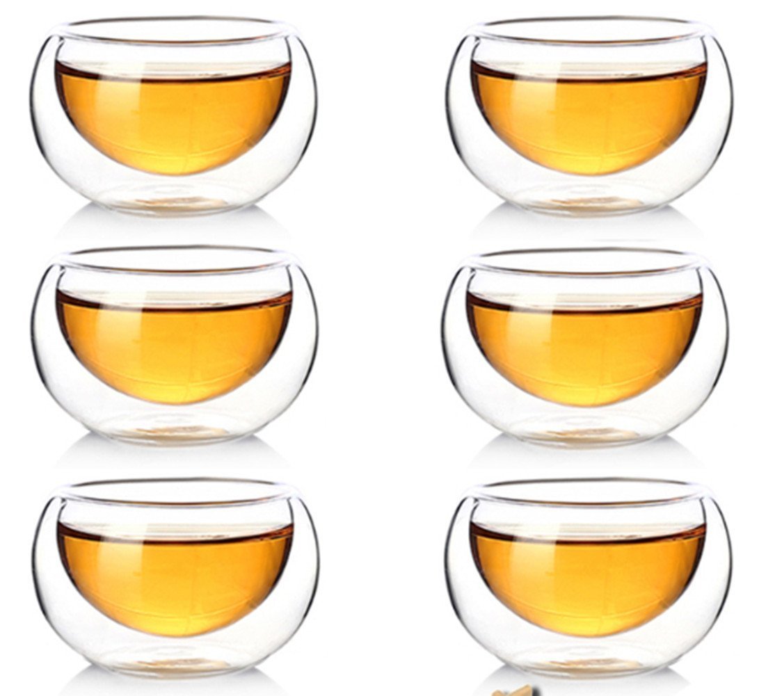 FGF-EU Clear Double Walled Glass Coffee Cups Insulated Glass Tea Cup Heat Resistant Double Layer Tea Cup 50ml Set of 6