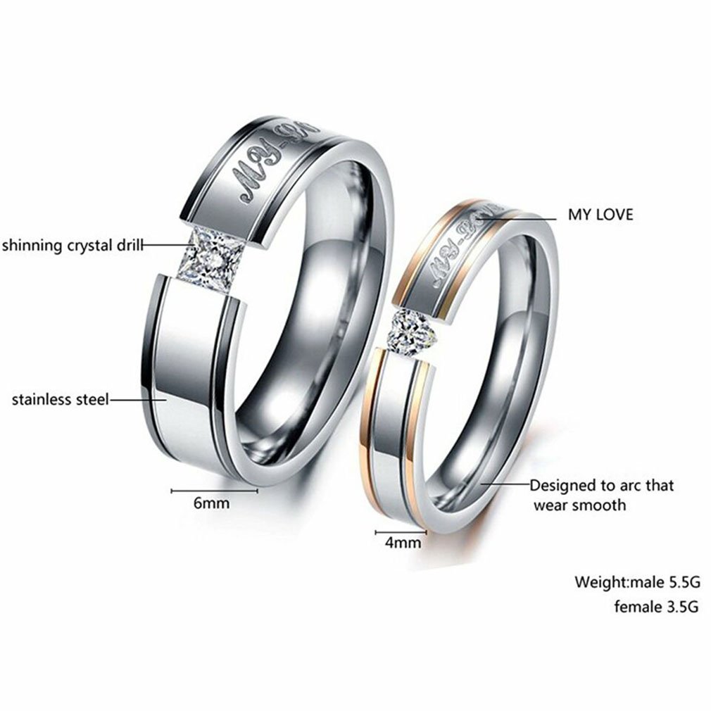 LAVUMO Him Her Couple Rings Stainless Steel Anniversary Engagement Promise Wedding Band My Love CZ (His 8)