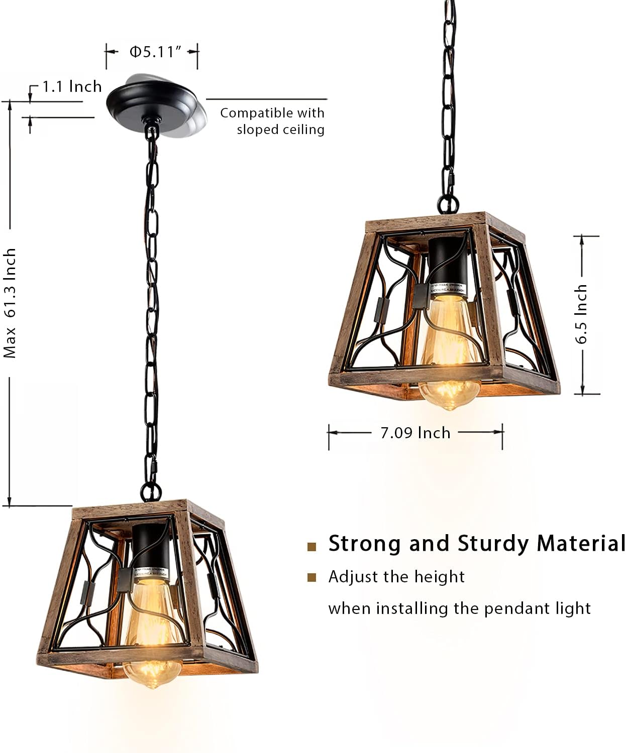 Farmhouse Pendant Light Fixture Square Rustic Chandelier Industrial Adjustable Height Lantern Pendant Light for Entryway Kitchen Island Dinning and Living Room: Home Improvement