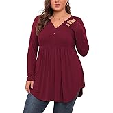 SHIJIALI Women's Plus Size Henley Shirts V Neck Button Tunic Tops Casual Long Sleeve Swing Flowy Blouse