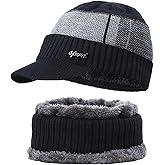 GK-O Mens Winter Warm Peaked Beanie Hat Fleece Lined Outdoor Ski Cap with Scarf