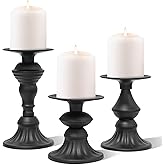 Matte Black Pillar Candle Holders Set of 3, Metal Vintage Antique Candle Stand for Pillar & LED Flameless Candles, Decorative for Table Centerpiece, Fireplace, Dining & Living Room Decoration