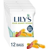 LILY'S No Sugar Added Sour Gummy Worms Candy Bags, 1.8 oz, 12 Ct | Sour Candy, Sour gummy worms with no sugar added, individually packed for gifting, office snacks and candy bowls.