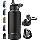 RUBYFLASK 32oz Insulated Water Bottle with Straw, Stainless Steel Metal Vacuum Water Flask, Large Thermal Water bottle with Leakproof 3 Lids for Travel, Camping, Gym Sports Black