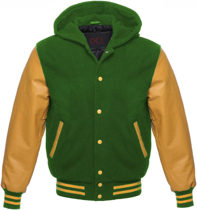 Letterman Varsity Hoodie Gold Leather Sleeves - 9 Colours - Sizes XS to 3XL (Green, M)