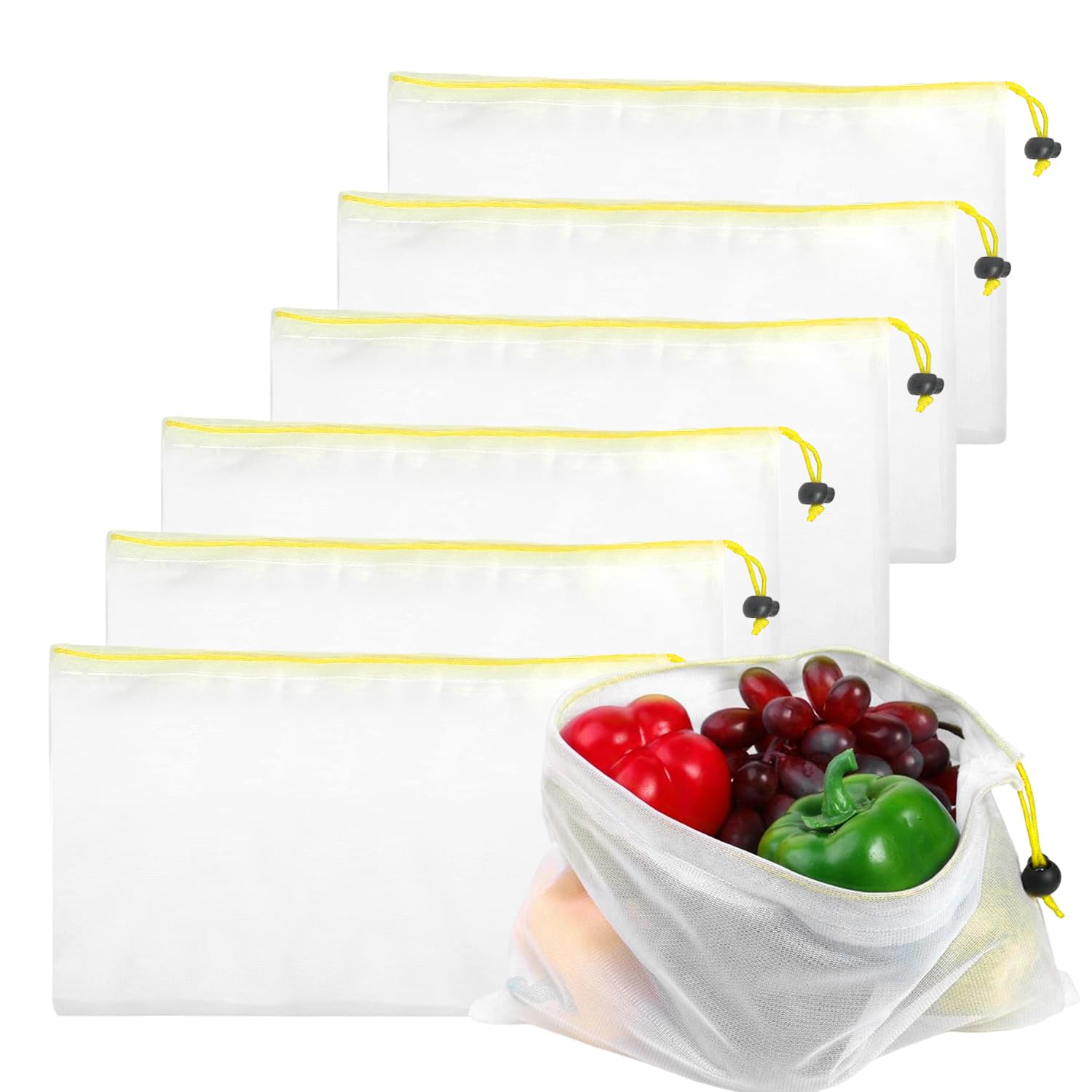 GIKPAX 6 Pcs Reusable Mesh Bags, Nylon with Double Stitching, Drawstring Closure, Red, Rectangular, 20cm x 30cm, Ideal for Fruit, Vegetable, and Household Organization