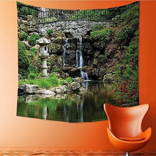 Nalahomeqq Japanese Decor Custom tapestry by Cascading Waterfall and Pond under Bridge Reflections of Flowers in the Water Pattern drawing room Decoration Green White 51 W x 59 L INCH