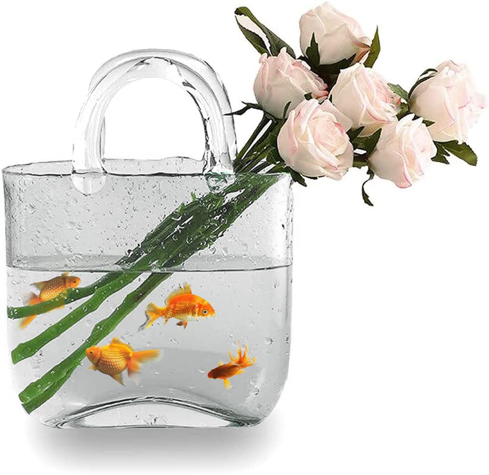 Candora Bag Glass Vases for Decor Creative Bubble Handbag Flower Vase Desktop Glass Basket Vase Mini Crystal Fish Tank for Table Centerpieces, Kitchen, Office Living Room, Transparent, One Size