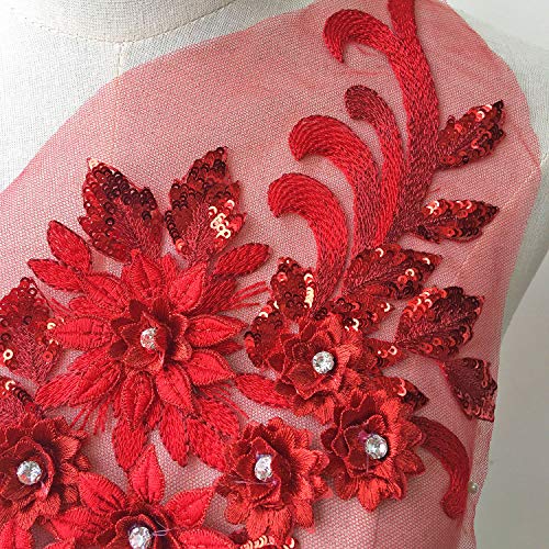 Exquisite 3D Flower Applique Beaded Sequined Crystal Floral Lace Patch Appliques Red Motif for Lyrical Dance Dress Craft Projects - Thumbnail 2