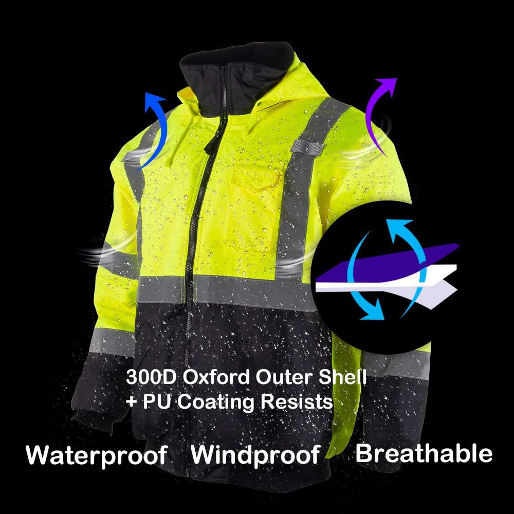 VENDACE Men's ANSI Class 3 High Vis Safety Reflective Bomber Jacket Hoodie Waterproof with Detachable Hood: Clothing
