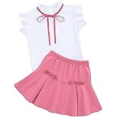 LIONJIE Girl's Skirt Sets 2 Piece Outfit Spring Summer Clothes Peter Pan Collar Tops Ruffle Mini Skirts with Bow 3-12Y