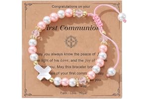 AULSIEY Cross Pearl Bracelet, First Communion Gifts, Baptism, Easter Gifts for Teen Girls, Faith Christian Religious Bracelet for Girls