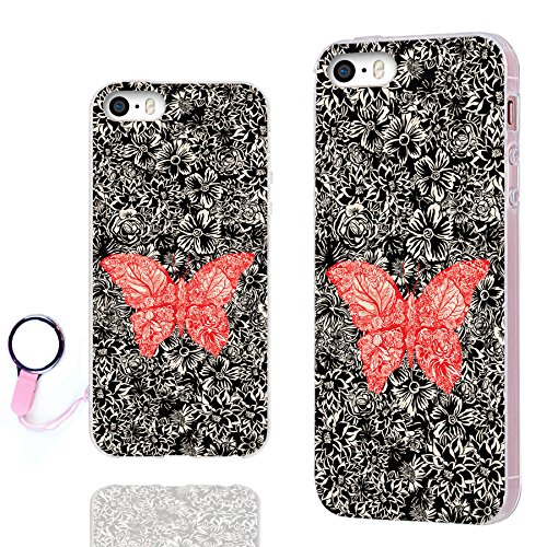 iPhone SE Case,iPhone 5s Case, iPhone 5 Case,ChiChiC [Orignal Series] Full Protective Case Slim Flexible Soft TPU Rubber Cases Cover for iPhone 5 5S SE,Abstract red butterfly on black floral Shading