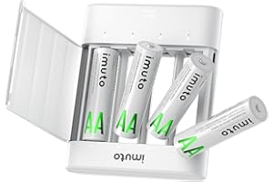 imuto Rechargeable aa Batteries with Charger, 2000mWh aa Lithium Batteries 4 Pack, 4 Slot Slim Lithium aa Battery Charger, 1.5V 2A Output, 1600+ Cycle Life LiFePO4 Batteries, 1.8H Fast Charging