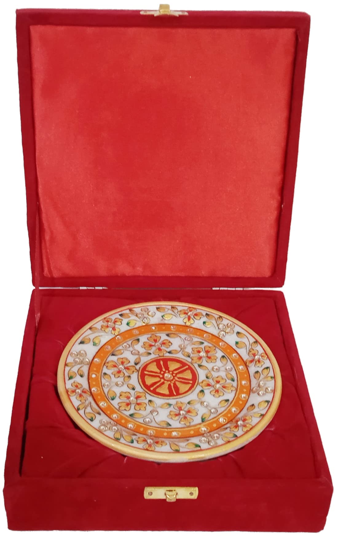 Purpledip Indian Gift : Handpainted Marble Plate with Wooden Stand in a Classy Velvet Box (10559)