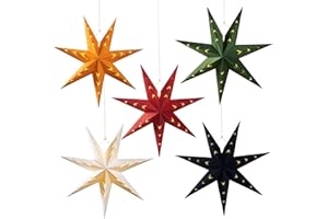 BALUN ADMHAIL 5PCS Flocked Paper Star Lantern with Lights Christmas Paper Stars Light 12 inch Hanging 3D Christmas Paper Star Lampshade 7 Points Paper Star Lights Foldable for Xmas Wedding(with Light String)