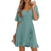 Dokotoo Women's Wrap V Neck Short Flared Sleeve Wedding Guest Dress Smocked Elastic Waist Tiered Belted Ruffle Hem Mini Dress